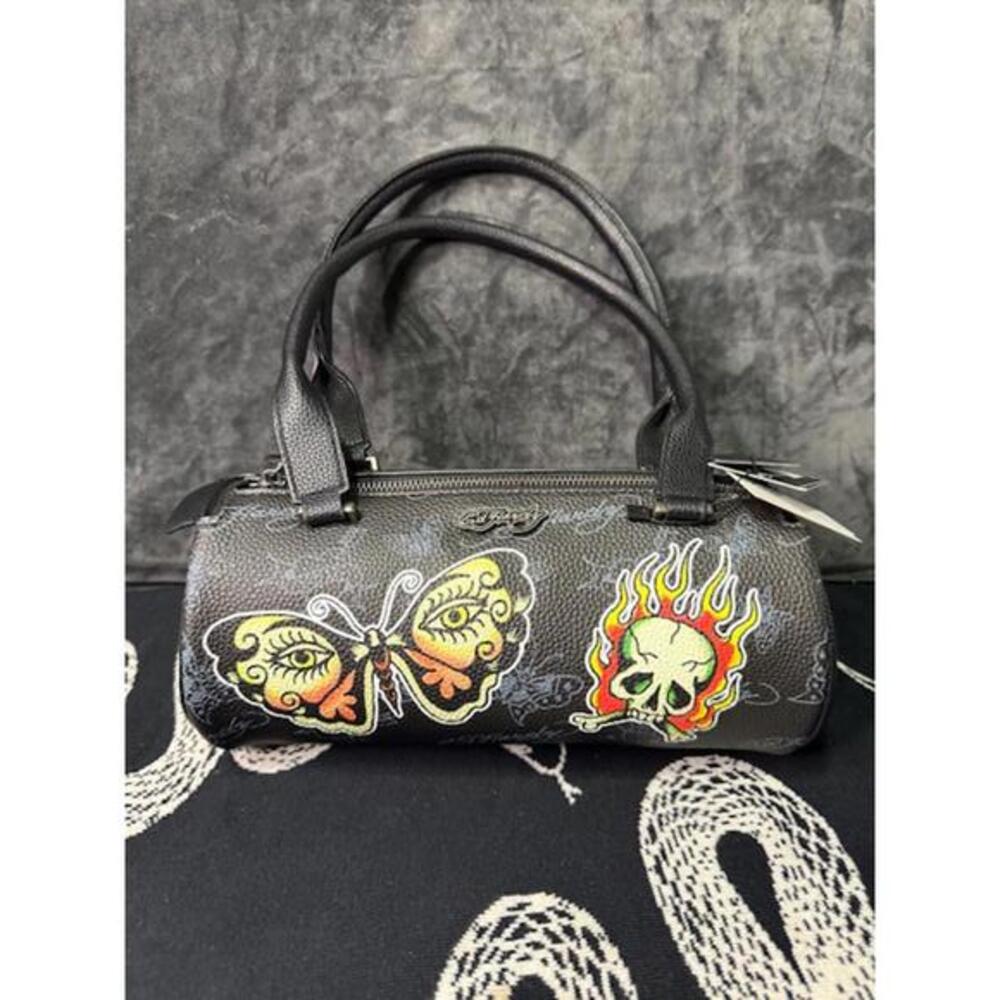 Ed Hardy Barrel Bowling Handbag Black Butterfly Skull Y2K NWT